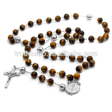 65 cm longo colar de mulheres colar de aço inoxidável 316l rosário religiosa cat eye beads jóias com oração cruz